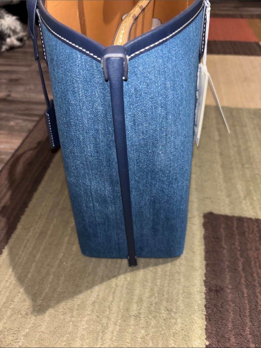 Tory Burch Denim Tote with Navy Trim and Orange Interior - Picture 2 of 10